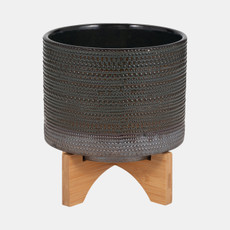 15349-02#8" Dotted Planter W/ Wood Stand, Green