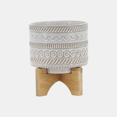 15350-01#5" Tribal Planter W/ Wood Stand, Beige