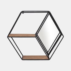15395-01#Metal/wood 20" Hexagon Mirrored Wall Shelf, Black