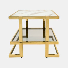 15439#Metal/marble Glass Side Table, Gold/white Kd