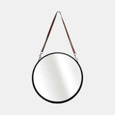 15647#28" Round Mirror W/ Leather Strap, Black