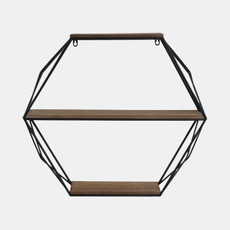 13884-09#Metal/wood 3 Tier Hexagon Wall Shelf, Brown/black
