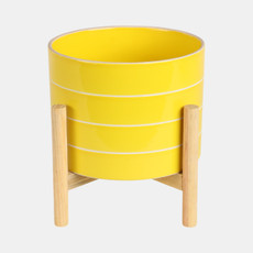 15897-02#  8" Striped Planter W/ Wood Stand, Yellow