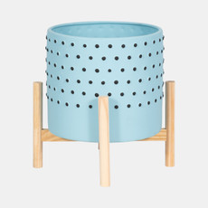 15903-01#  10" Dotted Planter W/ Wood Stand, Blue