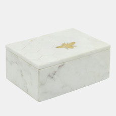 15975-01#Marble 7x5 Marble Box W/ Bee Accent White