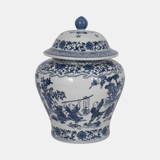 16413#Cer, 15"h Blossoms Temple Jar, Blue
