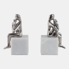 16509-01#Metal/marble S/2  Sitting Leg Up Bookends, Silver
