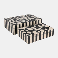 16549-01#Resin, S/2 10/12" Harlequin Boxes, Black/white