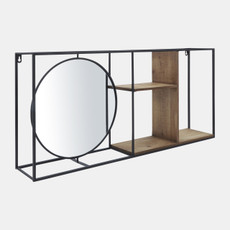 16879-01#Metal/wood 34"l Wall Shelf With Mirror, Black/brow