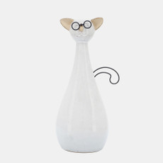 16941-01#Cer, 10"h Chubby Cat W/ Glasses, Beige