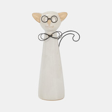 16942-01#Cer, 11"h Cat W/ Glasses, Beige