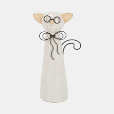 16942-02#Cer, 8"h Cat W/ Glasses, Beige