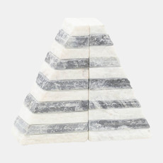 15977-05#S/2 Marble 7"h Pyramid Bookends, White/gray