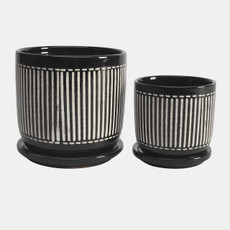 15786-03#S/2 5/6" Vertical Lines Planter W/ Saucer, Black
