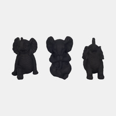 17197-01#Resin S/3 6" Stone Look Yoga Elephant, Antique Blk