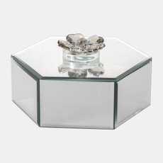 17643-03#Glass, 8"d Hexagonal Jewelry Box  Flower Top, Sil