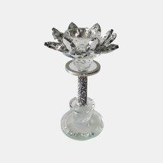 17656-01#Glass, 6"h Lotus Glitter Candle Holder, Silver