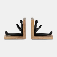 17862#Wood, S/2 6" Man Reading Bookends, Brown/black