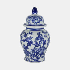 15735-05#Cer, 10" Temple Jar Bird/flower, Blue