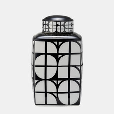 17898-04#Cer, 16"h Square Jar W/ Lid, Black/white