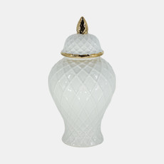17899-04#Cer, 14"h Rope Temple Jar, White/gold
