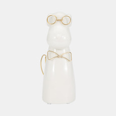 17913-02#Cer 7"h, Puppy With Gold Glasses And Bowtie, Wht
