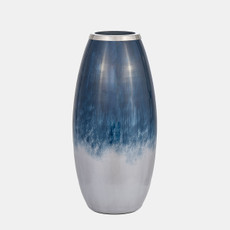 15202-05#Glass,18"h Vase W/metal Rim, Blue/wht Ombre