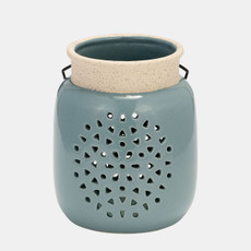 18001-03#Cer, 6"h Flower Cut Out Lantern, Cameo Blue