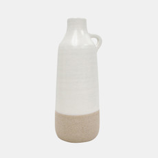 18074-01#Cer, 12" Bottle Vase, White/tan