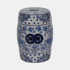 18090#Cer, 18" Chinoiserie Stool, Blue/white