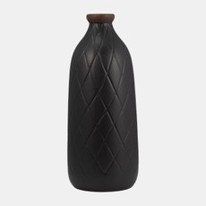 17930-09#Cer, 16" Plaid Textured Vase, Black