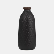 17930-12#Cer, 12" Plaid Textured Vase, Black