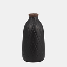 17930-15#Cer, 9" Plaid Textured Vase, Black