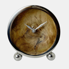 18112#Metal, 5" Round Wood Face Table Clock, Silver