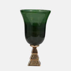 18157-01#Glass, 15" 5th Ave Vase On Stand, Green/gold