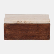 18170#Travertine, 7" Box With Wood Base, Natural