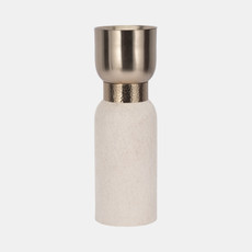 18219-02#Metal, 14" Hair On Hide Candleholder, White/gold