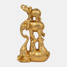 18415-02#Resin, 10" Stacked Playing Elephants, Gold