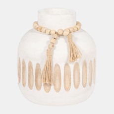 18450-02#Wood, 8" Round Ridged Vase W/ Tassels, White