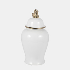 18477-06#Cer, 18" Lion Head Temple Jar, White/gold
