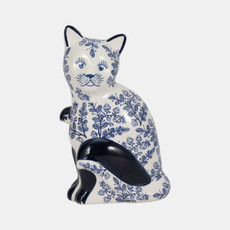 18480-01#Cer, 8" Sitting Chinoiserie Cat, Blue/white