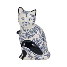 18480-03#Cer, 10" Sitting Chinoiserie Cat, Blue/white
