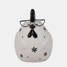 18486-01#Cer, 7" Chubby Rooster With Glasses, Black/white