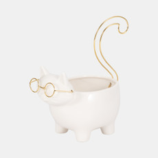 18633-02#Cer, 8" Kitty Trinket Dish, White/gold