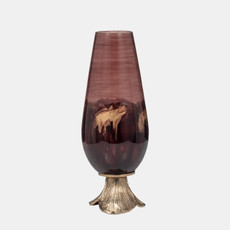 18737-01#Glass, 15" Vase W/ Leaf Base, Bronze