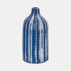 18782-02#Clay, 12" Flat Ribbed Bottle Vase, Blue/white