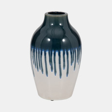 18785#Clay, 13" Drip Vase, Blue/white