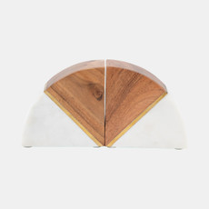 18860#Marble, S/2 5" Bookends W/ Wood And Brass Detail, 