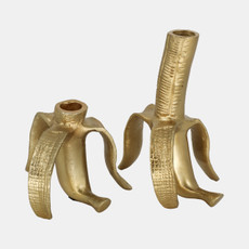 18923#Metal, S/2 6" Banana Taper Candle Holders, Gold