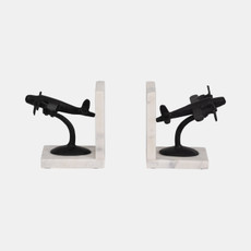 18934#Metal, S/2 6" Airplane Bookends On Marble, Blk/wht